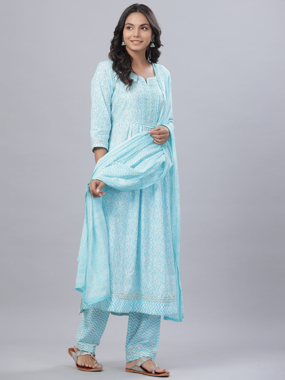 Juniper Women's Sky Blue Cotton Printed Straight Kurta Pant Dupatta Set - Distacart