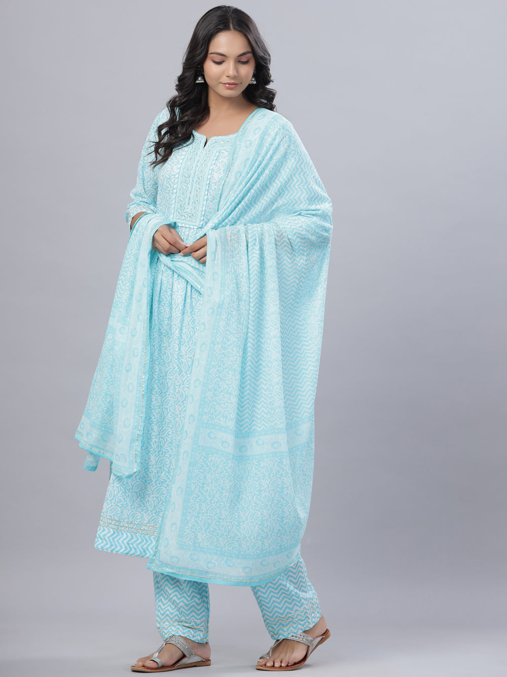 Juniper Women's Sky Blue Cotton Printed Straight Kurta Pant Dupatta Set - Distacart