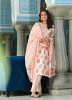 Juniper Women's Beige Cotton Printed Straight Kurta Pant Dupatta Set - Distacart