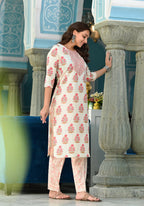 Juniper Women's Beige Cotton Printed Straight Kurta Pant Dupatta Set - Distacart