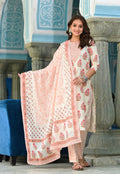Juniper Women's Beige Cotton Printed Straight Kurta Pant Dupatta Set - Distacart