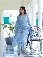 Juniper Women's Grey Cotton Printed Straight Kurta Pant Dupatta Set - Distacart