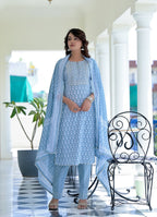 Juniper Women's Grey Cotton Printed Straight Kurta Pant Dupatta Set - Distacart