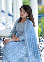 Juniper Women's Grey Cotton Printed Straight Kurta Pant Dupatta Set - Distacart