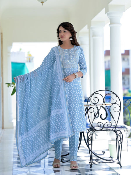 Juniper Women's Grey Cotton Printed Straight Kurta Pant Dupatta Set