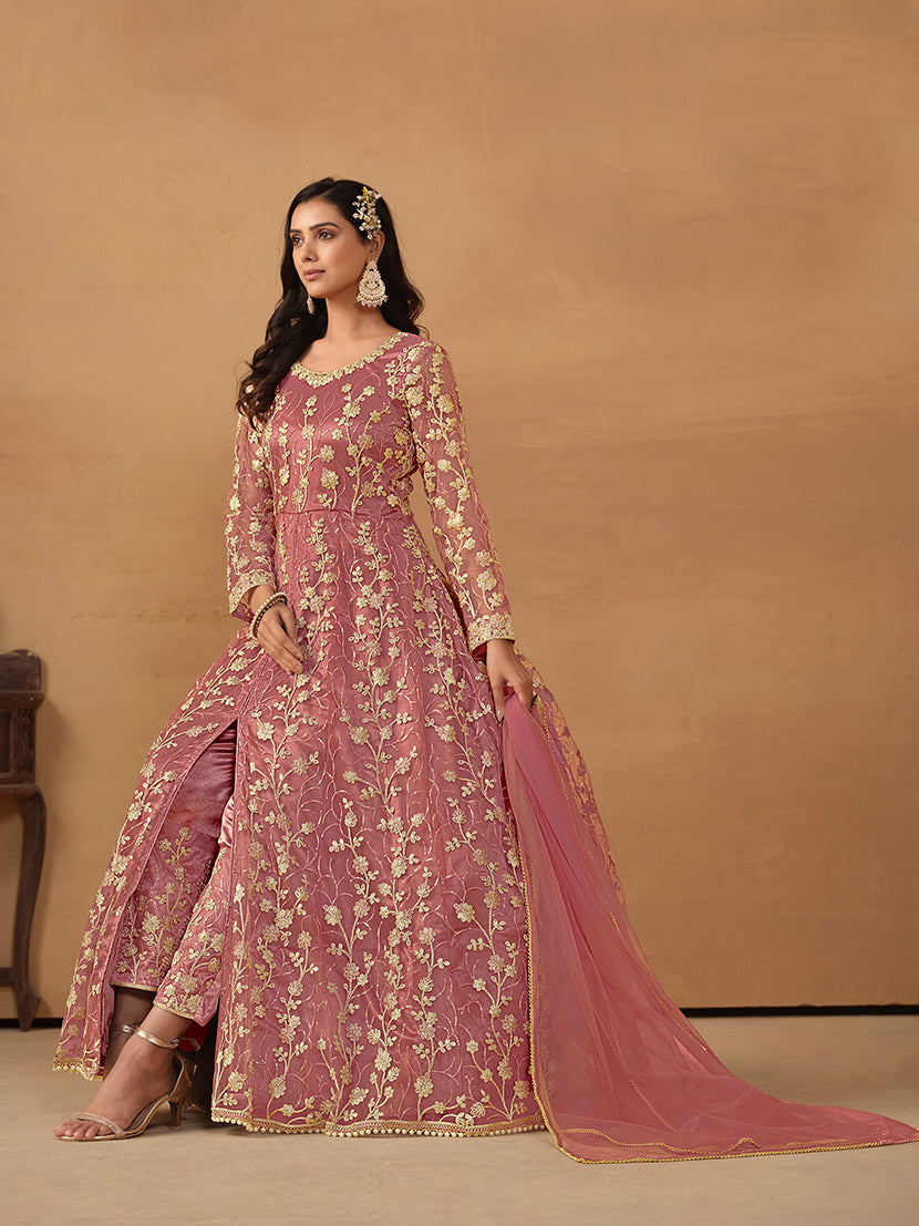 Monjolika Fashion Net Embroidered Pant Style Suit In Pink - Distacart