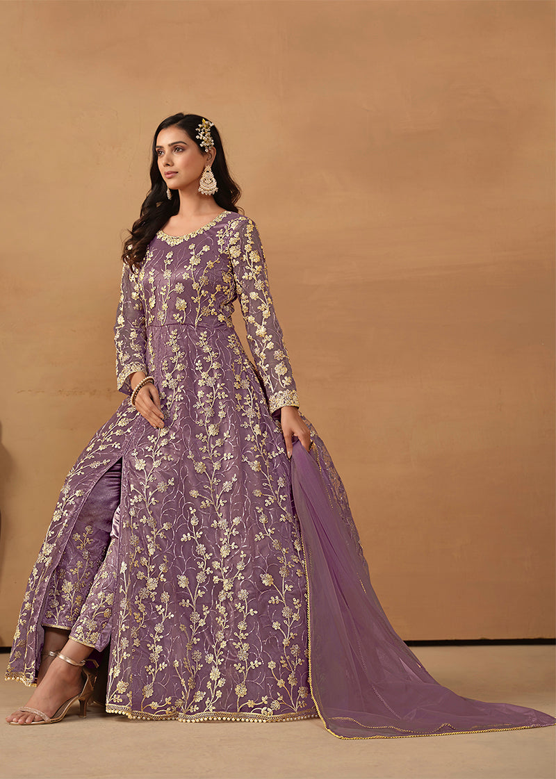 Monjolika Fashion Net Embroidered Pant Style Suit In Purple - Distacart