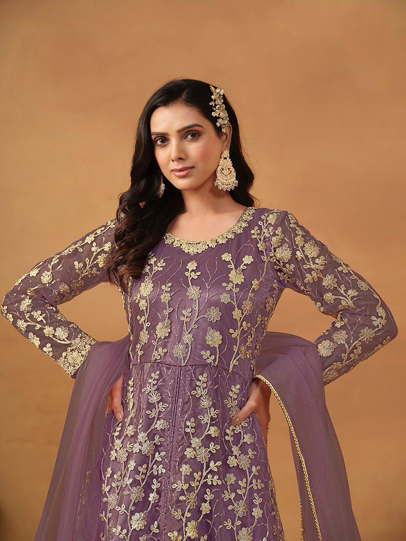 Monjolika Fashion Net Embroidered Pant Style Suit In Purple - Distacart