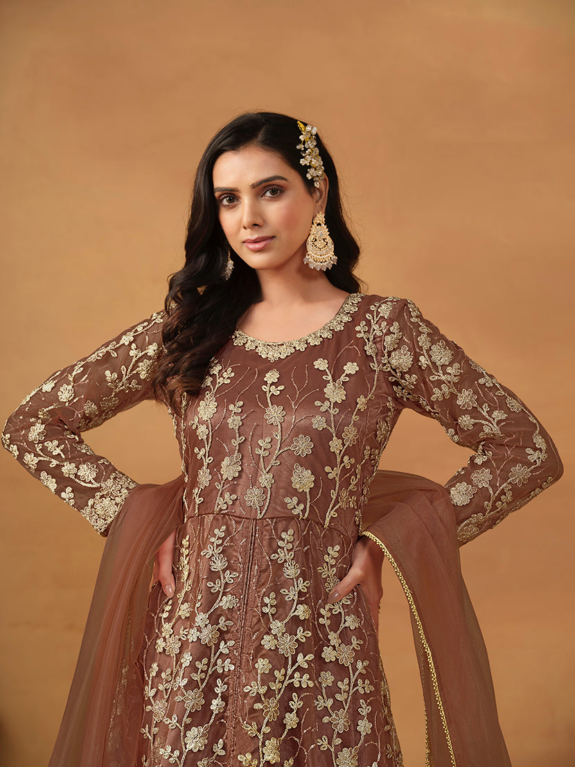 Monjolika Fashion Net Embroidered Pant Style Suit In Brown - Distacart