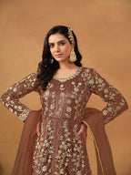 Monjolika Fashion Net Embroidered Pant Style Suit In Brown - Distacart