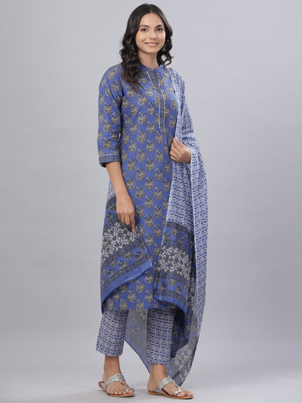 Juniper Women's Royal Blue Cotton Printed Straight Kurta Pant Dupatta Set - Distacart