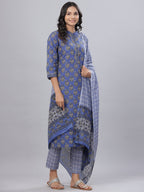 Juniper Women's Royal Blue Cotton Printed Straight Kurta Pant Dupatta Set - Distacart