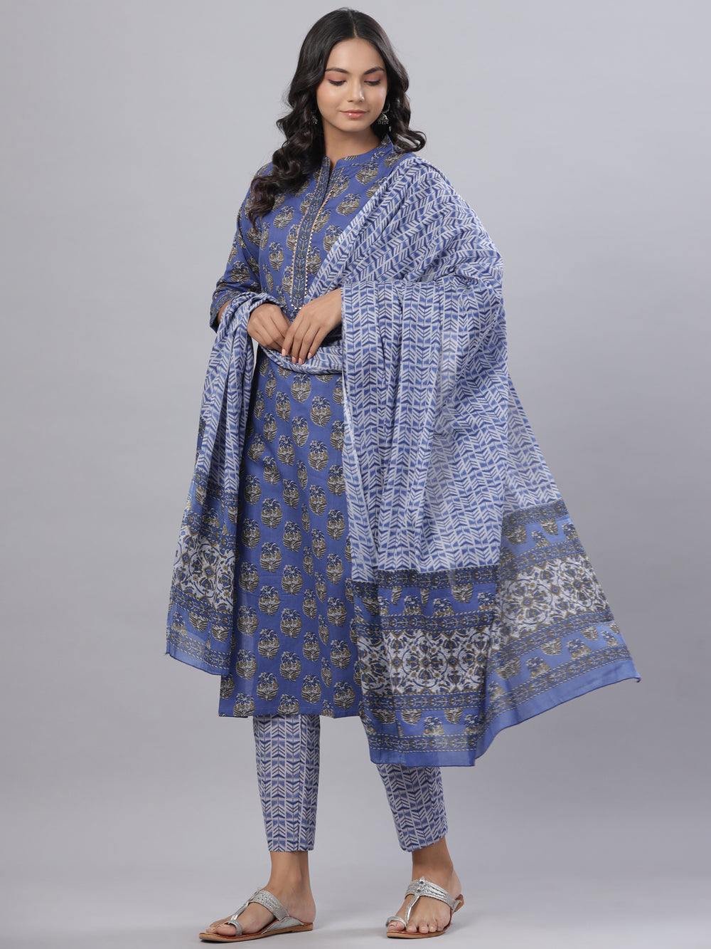 Juniper Women's Royal Blue Cotton Printed Straight Kurta Pant Dupatta Set - Distacart