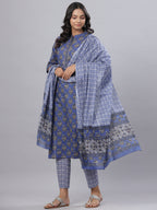 Juniper Women's Royal Blue Cotton Printed Straight Kurta Pant Dupatta Set - Distacart