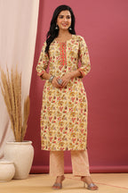 Juniper Women's Beige Cotton Printed Straight Kurta Pant Dupatta Set - Distacart