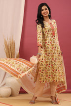 Juniper Women's Beige Cotton Printed Straight Kurta Pant Dupatta Set - Distacart