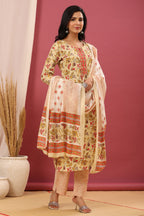 Juniper Women's Beige Cotton Printed Straight Kurta Pant Dupatta Set - Distacart