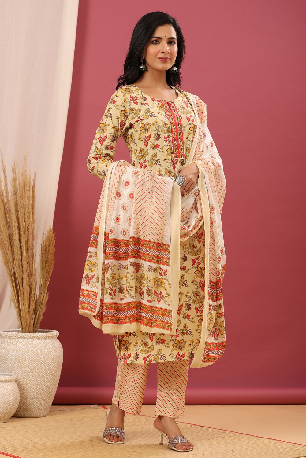 Juniper Women's Beige Cotton Printed Straight Kurta Pant Dupatta Set - Distacart