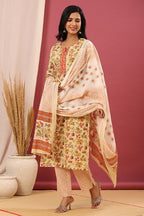 Juniper Women's Beige Cotton Printed Straight Kurta Pant Dupatta Set - Distacart
