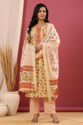 Juniper Women's Beige Cotton Printed Straight Kurta Pant Dupatta Set - Distacart