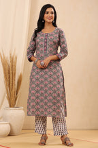 Juniper Women's Grey Cotton Printed Straight Kurta Pant Dupatta Set - Distacart