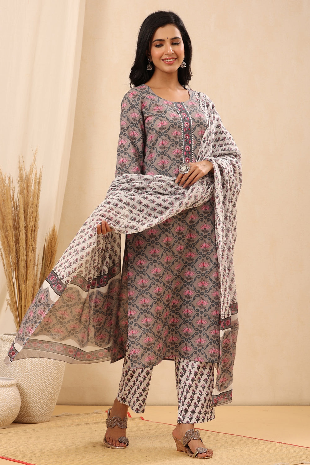 Juniper Women's Grey Cotton Printed Straight Kurta Pant Dupatta Set - Distacart