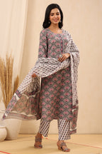 Juniper Women's Grey Cotton Printed Straight Kurta Pant Dupatta Set - Distacart