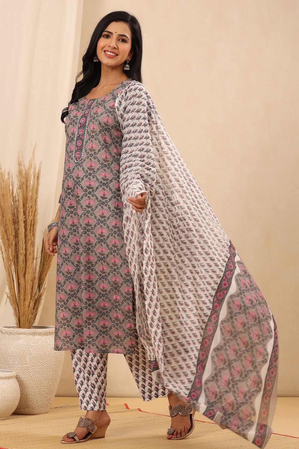 Juniper Women's Grey Cotton Printed Straight Kurta Pant Dupatta Set - Distacart