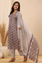 Juniper Women's Grey Cotton Printed Straight Kurta Pant Dupatta Set - Distacart