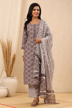 Juniper Women's Grey Cotton Printed Straight Kurta Pant Dupatta Set - Distacart