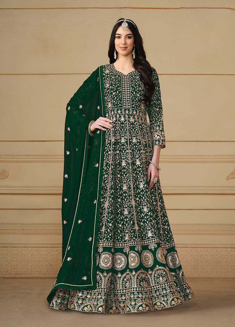 Monjolika Fashion Faux Georgette Embroidered Green Anarkali Salwar Suit - Distacart