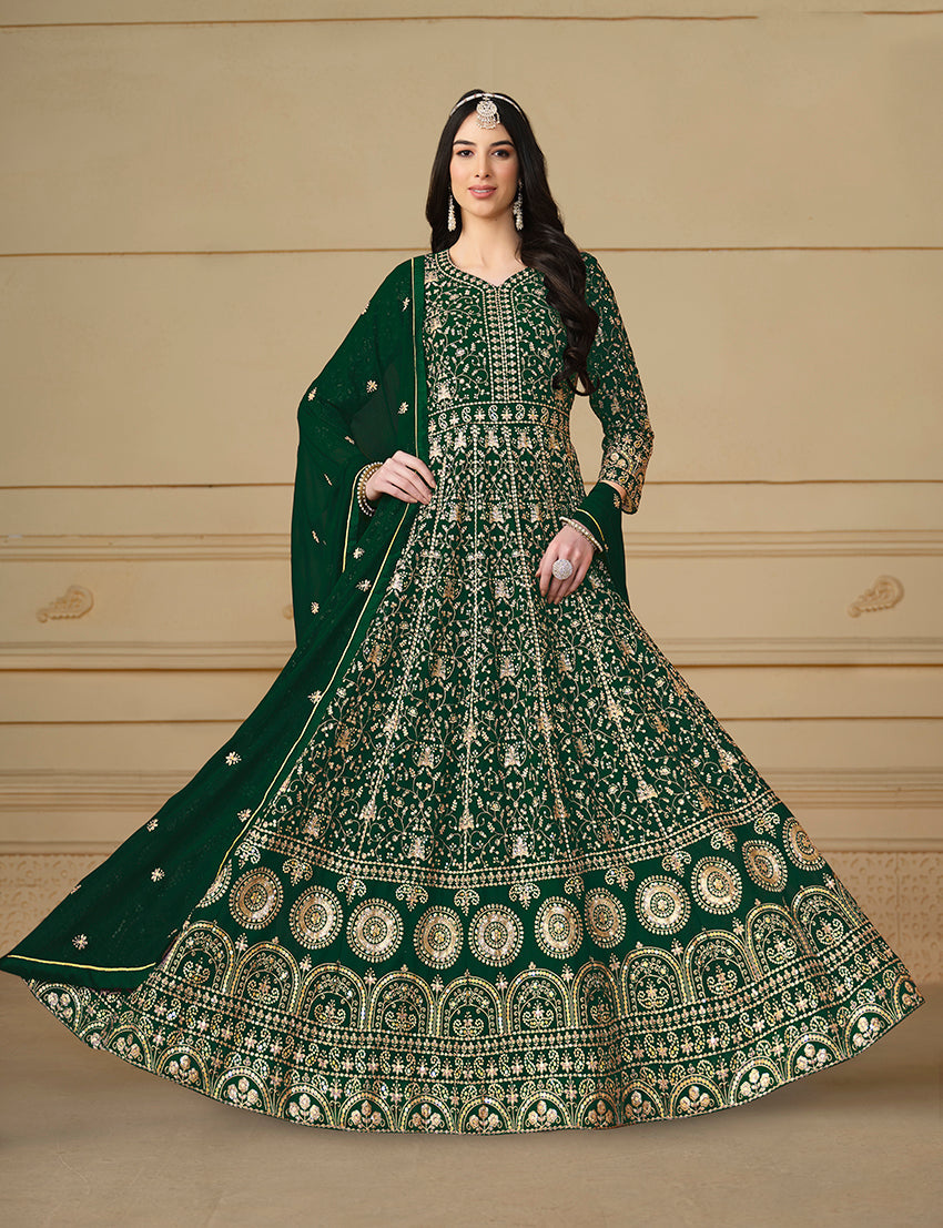 Monjolika Fashion Faux Georgette Embroidered Green Anarkali Salwar Suit - Distacart