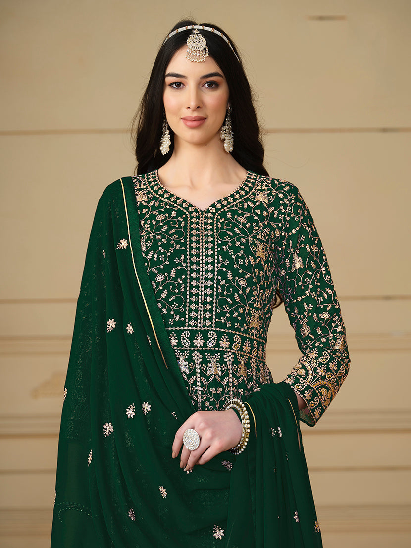 Monjolika Fashion Faux Georgette Embroidered Green Anarkali Salwar Suit - Distacart