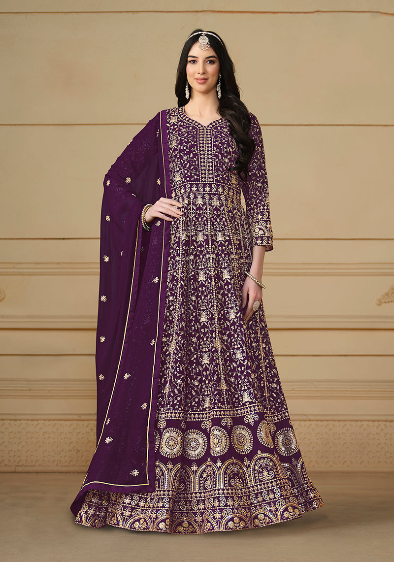 Monjolika Fashion Faux Georgette Embroidered Purple Anarkali Salwar Suit - Distacart