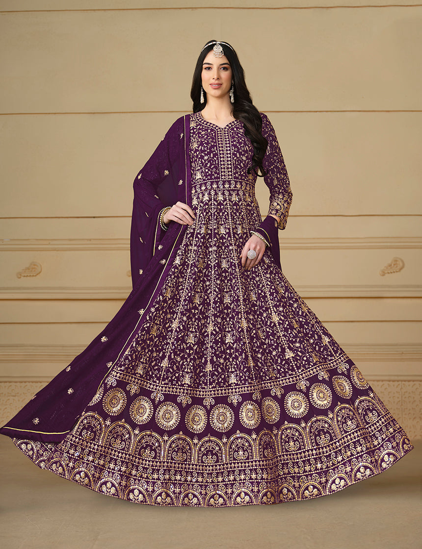 Monjolika Fashion Faux Georgette Embroidered Purple Anarkali Salwar Suit - Distacart