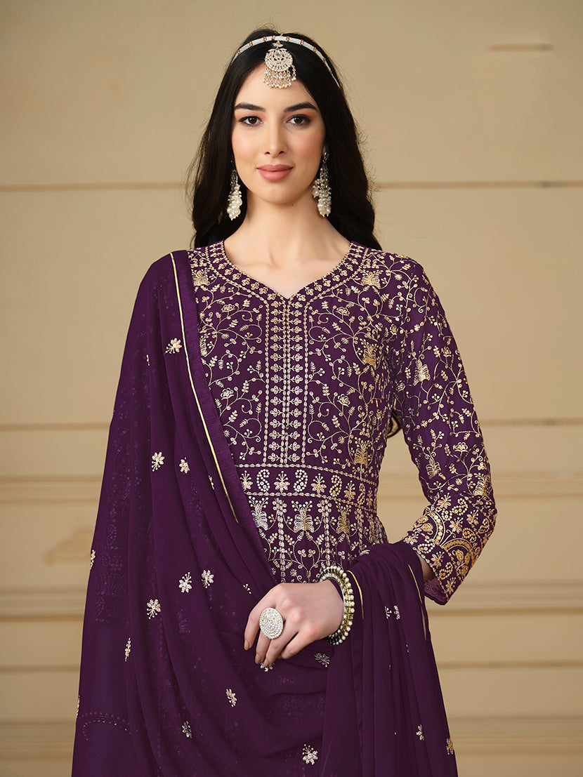 Monjolika Fashion Faux Georgette Embroidered Purple Anarkali Salwar Suit - Distacart