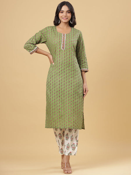 Juniper Women's Green Cotton Printed Straight Kurta Pant Dupatta Set