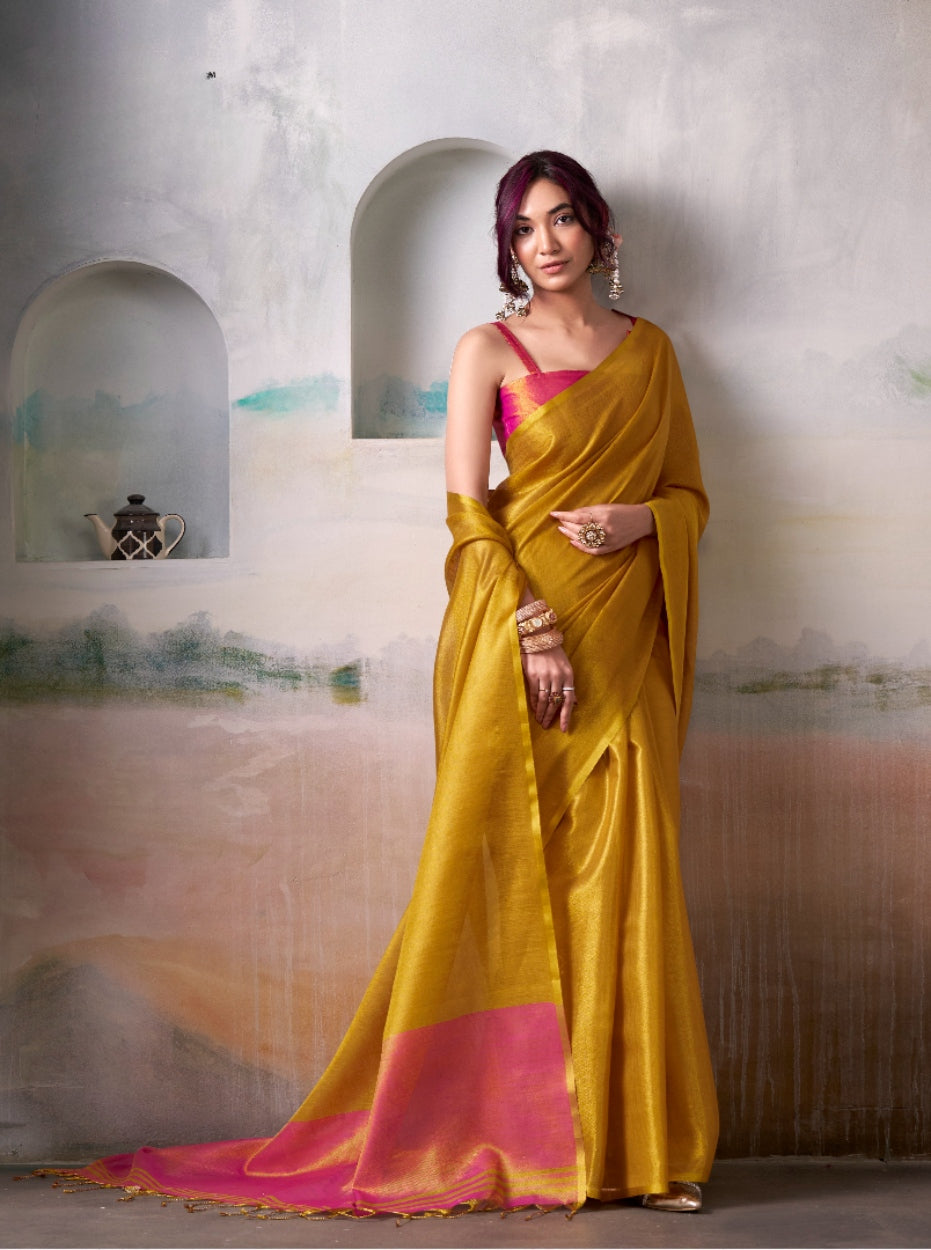 Anaita Yellow Handloom Tissue Silk Self Woven Plain Saree - Distacart