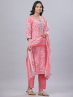Juniper Women's Pink Cotton Printed Straight Kurta Pant Dupatta Set - Distacart