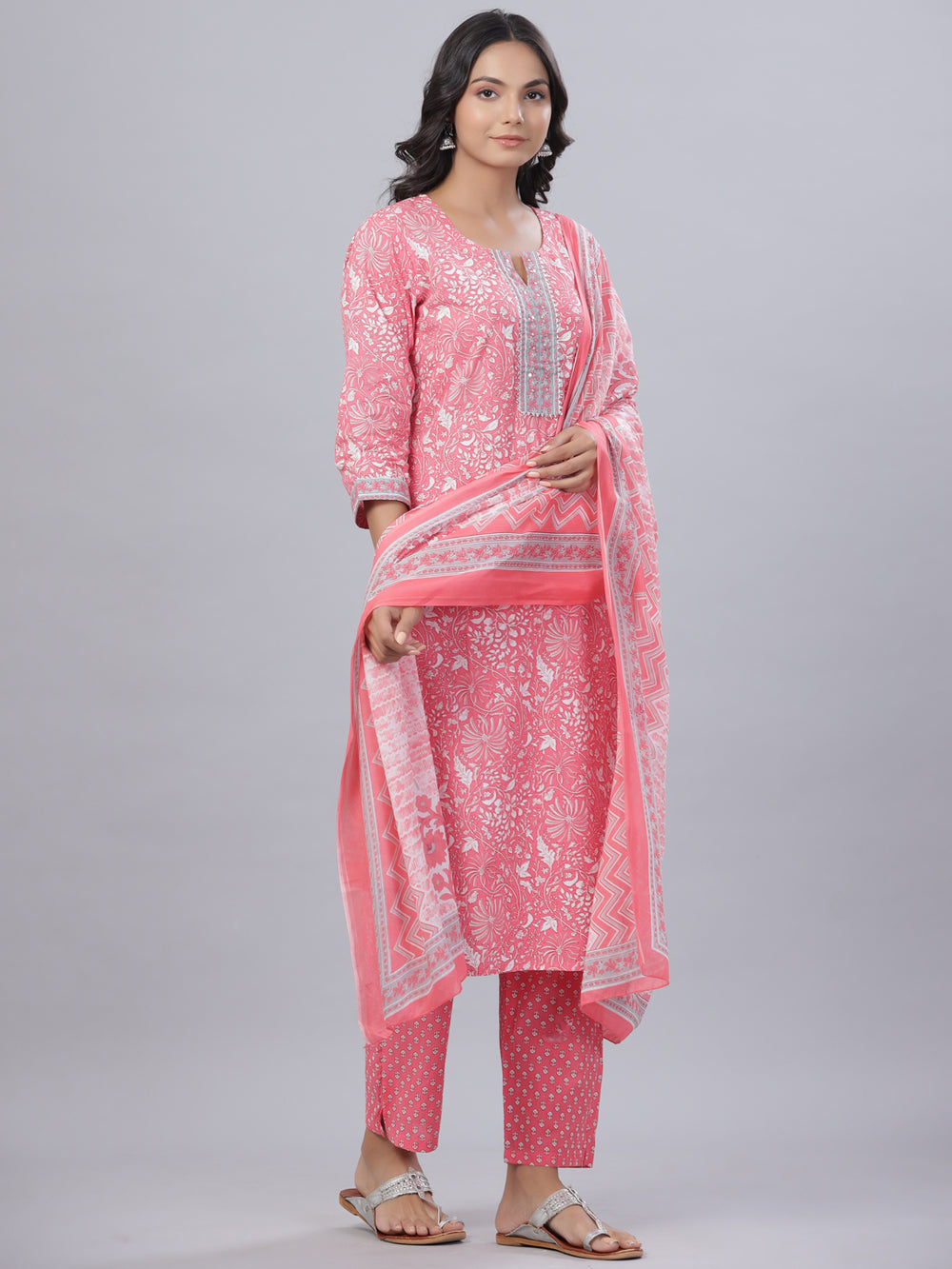 Juniper Women's Pink Cotton Printed Straight Kurta Pant Dupatta Set - Distacart