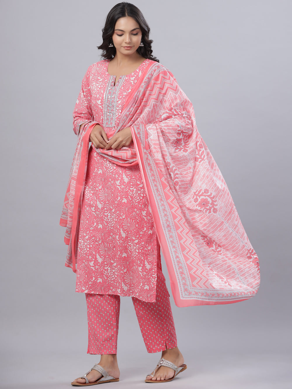Juniper Women's Pink Cotton Printed Straight Kurta Pant Dupatta Set - Distacart