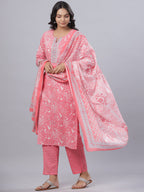 Juniper Women's Pink Cotton Printed Straight Kurta Pant Dupatta Set - Distacart
