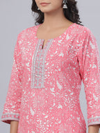 Juniper Women's Pink Cotton Printed Straight Kurta Pant Dupatta Set - Distacart