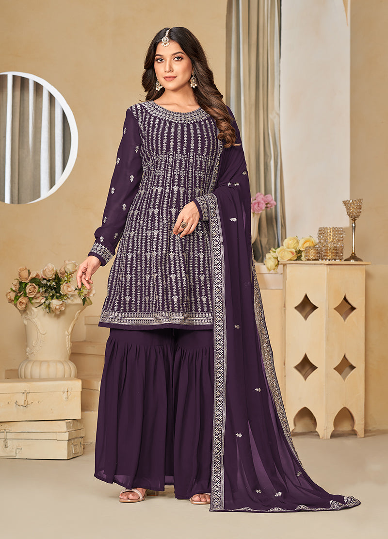 Monjolika Fashion Embroidered Purple Faux Georgette Trendy Salwar Kameez - Distacart