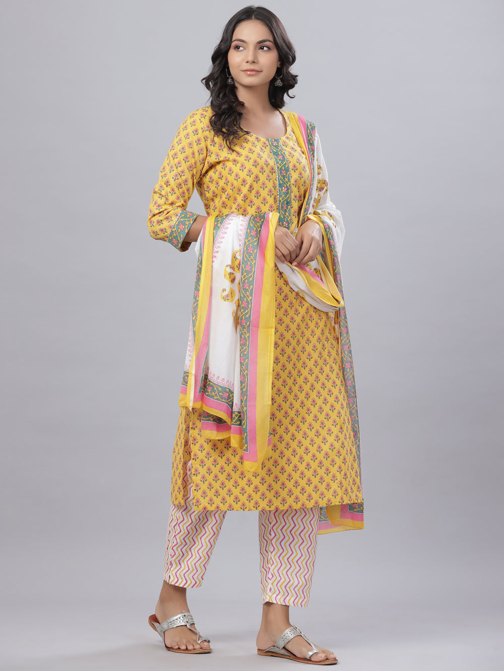 Juniper Women's Royal Blue Cotton Printed Straight Kurta Pant Dupatta Set - Distacart