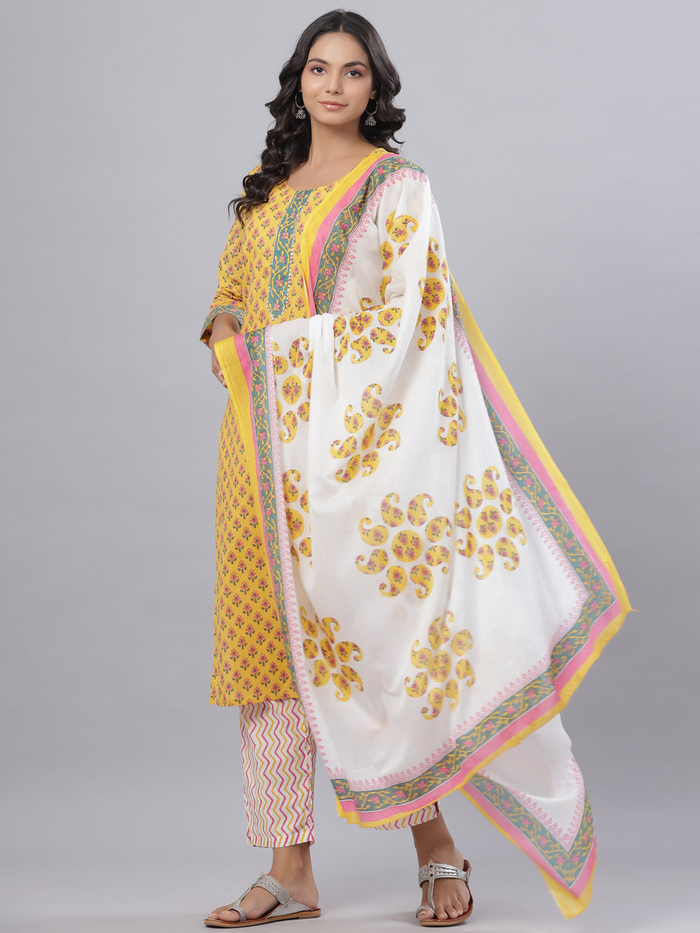 Juniper Women's Royal Blue Cotton Printed Straight Kurta Pant Dupatta Set - Distacart