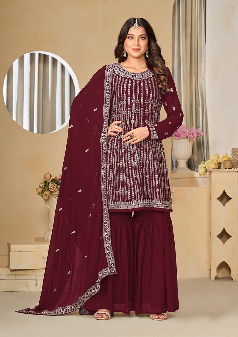 Monjolika Fashion Embroidered Maroon Faux Georgette Trendy Salwar Kameez - Distacart