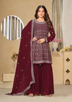 Monjolika Fashion Embroidered Maroon Faux Georgette Trendy Salwar Kameez - Distacart