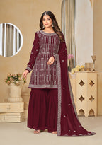 Monjolika Fashion Embroidered Maroon Faux Georgette Trendy Salwar Kameez - Distacart