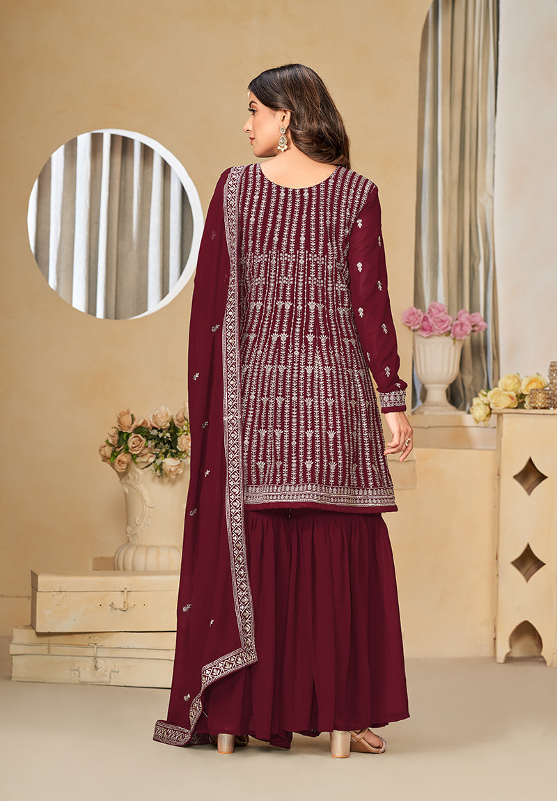 Monjolika Fashion Embroidered Maroon Faux Georgette Trendy Salwar Kameez - Distacart